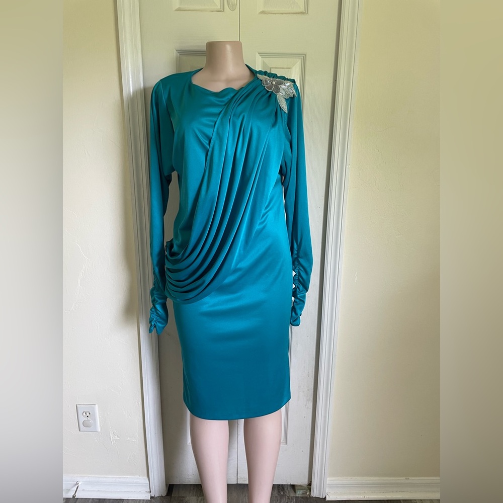 Chic Teal Draped Long Sleeve Dress
